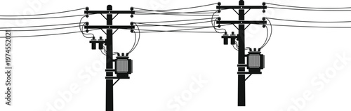 Utility poles, electrical transformers, power lines, distribution network, electricity supply, infrastructure, energy system, grid connection, transmission, industrial design