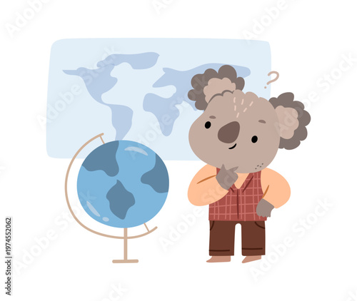 Koala with thoughtful muzzle expression and question mark above its head looking at globe. Vector eucalyptus hugger giving geography lesson at educational institution. Forest school and education