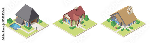 Isometric private houses surrounded by greenery, mailboxes and swimming pool. Vector isolated cottages with trees and bushes. Suburban lifestyle, residential planning and comfort living