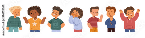 Facial expressions and emotions of boy personages. Vector isolated cute characters with sad neutral and silly, confused and happy, worried and proud, anger and bored, surprise and crying faces