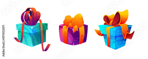 Cartoon gift boxes with ribbons and bows. Vector wrapped presents of different shapes and sizes. Holiday and birthday, Christmas or celebration design. Decorative festive packaging for greetings
