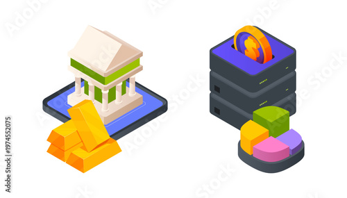 Bank with gold bars and coin diagrams. Vector banking wealth, account management and financial analysis. Investment or business. Digital finance, secure operations and urban economic