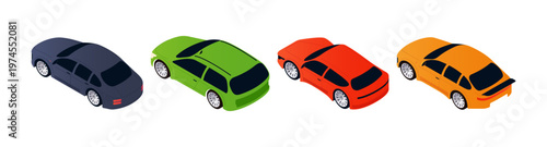 Isometric cars set. Vector isolated vehicles on parking. Private automobiles for urban infrastructure visualization. City models, planning schemes and navigation user interface concepts