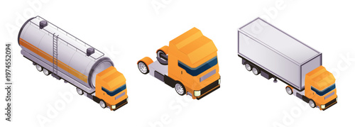 Delivery truck vans. Vector transfer service vehicles. Flat tanker, lorry and hauler for transport liquids, gases or bulk materials over land. Fuel distribution, agriculture and chemical transportatio