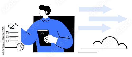 Business planning, workflow management, time efficiency, technology integration, digital tools, productivity enhancement. A man holds a tablet and checklist. Business planning and workflow management