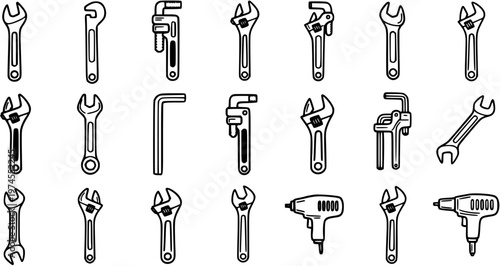 Adjustable Wrenches, Pipe Wrenches, and Hand Tools Line Art Icons. Black and White Vector Set for Construction, Repair, and DIY Industry.