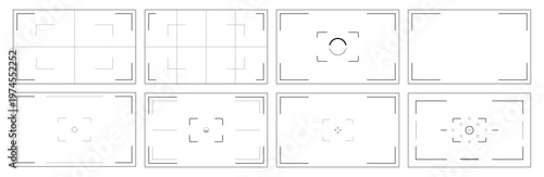 Digital camera interfaces set. Vector rectangular screen wireframes with frames and focus markers. Overlays for focus zones, viewfinder boundaries and framing guides. Mobile photography apps
