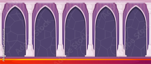 Fantasy corridor with columns. Vector cartoon hallway with tall arches and architectural symmetry. Castle room interior for game backgrounds, side scrolling levels and medieval concepts