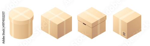 Isometric carton boxes for moving or transportation of personal belongings. Vector isolated presents and gifts packages with sticky tapes. Cylindrical and cubic shape of packages for delivery
