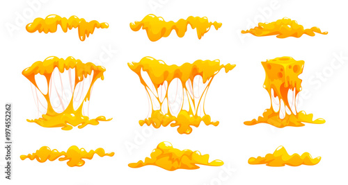 Dripping cartoon style melted cheese set with long gooey strands and shiny surface. Vector isolated sticky cheddar pieces, stretchy and elastic dairy products collection. Fast food or snack branding