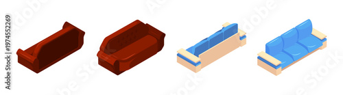 Sofas with front and back views. Vector isometric two and three seat couch designs. Living room furniture and interior decoration. Seating arrangement, comfort and home decor concepts