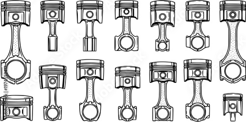 Black  White Line Art Vector Set of Automotive Internal Combustion Engine Pistons and Connecting Rods