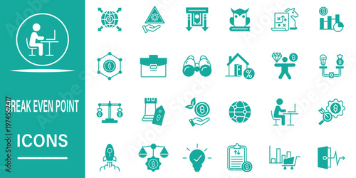 Break Even Point icon set. Containing balanced budget, balance, financial gain, strategy, profit and loss, and more. Solid vector illustration.