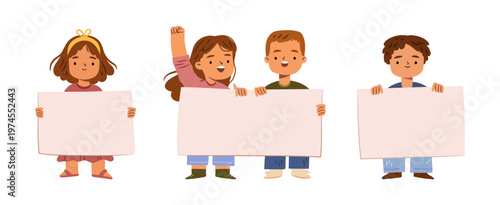Children happily holding empty banners with space for text. Vector isolated smiling kid characters with blank boards. Boys and girls with posters for promotional content for young audiences