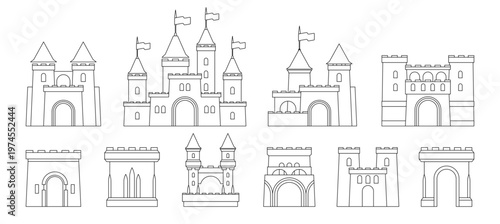 Line icons of castle buildings. Vector fortresses and keeps towers with flags, arched gates and entrance doors, walls and battlements, bridges and auxiliary structures. Fortified constructions