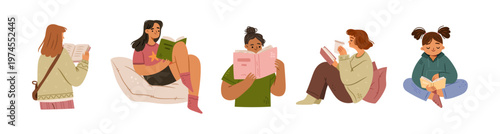 Female characters reading books with information for exams. Vector cartoon characters with fiction novel enjoying hobby in library or home. Women with textbook, pupil of college or university