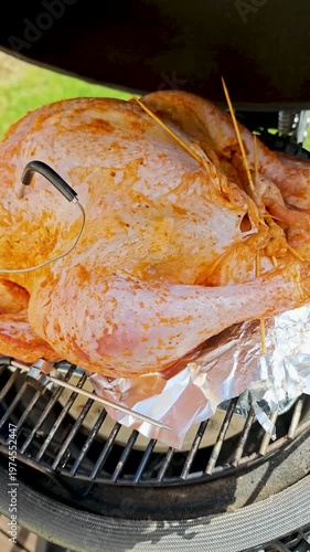 Large turkey roasting in kamado grill with temperature probes inserted, BBQ cooking process, outdoor grilling, meat preparation, thermometer control. 4K vertical video footage of grilling process