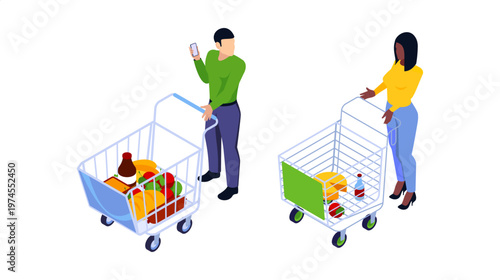 Buyers using shopping carts filled with grocery products. Vector male and female customers in store area. Retail shopping activity. Ecommerce interface or commercial store visual content
