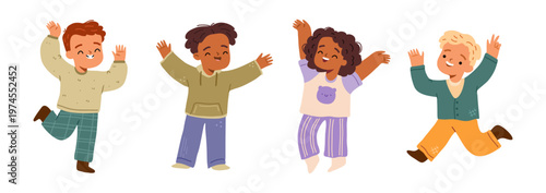 Glad and excitement boys characters with smiling face, closed eyes and raised hands. Vector in flat style, cute personages running and jumping from happiness and gladness. Positive children