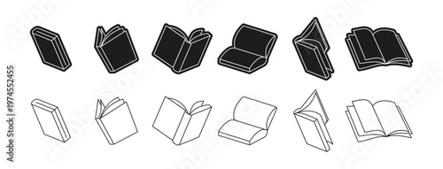 Monochrome textbooks in various points of views. Vector isolated closed and opened publication with sheets of paper, mockup of diary or encyclopedia. Studying and knowledge material from library