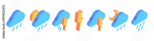 Isometric weather icons set. Vector isolated lightning, rain and cloud, sun and thunderstorm, moon and heavy rainfall symbols collection. Dynamic storm and precipitation meteorology figures