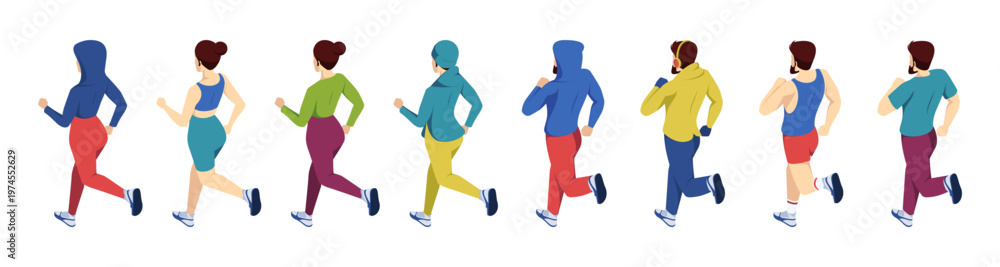 Naklejka premium Male and female characters running, back view. Vector isometric men and women in active motion. Outdoor workout, jogging routine and training. Active sport and health. Marathon runners