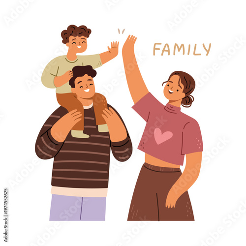 Life aspects of people, isolated mom, dad and kid enjoying weekend or vacation. Vector in flat style, man and woman with son spending time together. Togetherness and lifestyle of small family