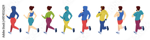 Male and female characters running, back view. Vector isometric men and women in active motion. Outdoor workout, jogging routine and training. Active sport and health. Marathon runners