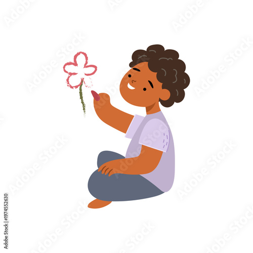 Kid girl or boy drawing flower with colorful pencils or crayons. Vector in flat style, isolated cute character making art. Hobby or leisure time of kiddo, artistic skills development and imagination