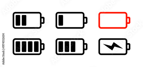 Battery status icons set. Vector pack of accumulator indicators showing full and half, low and critical charge levels. Warning and charging lightning symbol. Device interface design and power