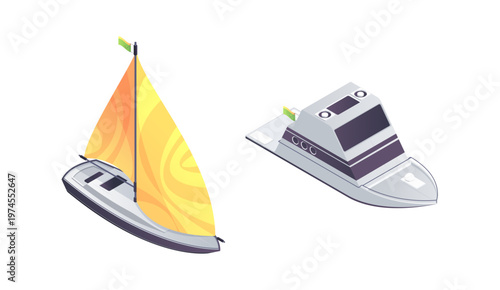 Modern sailboat and motor yacht set. Vector isolated isometric marine vessels. Maritime lifestyle or travel. Wind and engine powered leisure crafts. Sea cruisers or executive boat collection