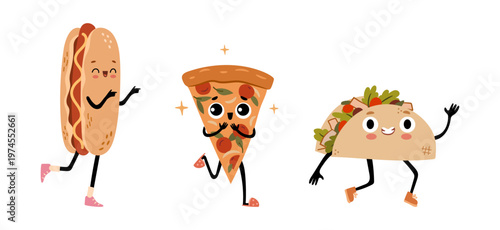 Cute cartoon street food mascots characters. Vector excited running hot dog, taco and pizza personages. Snack emotions and stickers with blush on cheeks and smiling facial expressions