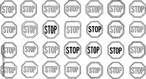 Road Safety Stop Signs Vector Collection. Black and White Outline Line Art Traffic Warning Symbols. Octagon Doodle Elements for Driving and Regulation Design.