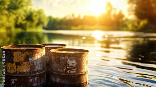 Rusty toxic waste barrels floating near river shore under bright sunlight, rural background