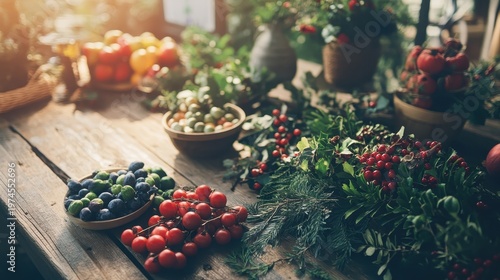 Rustic Christmas Crafts Preparation with Natural Berries and Evergreen Foliage on a Wooden Table Outdoors