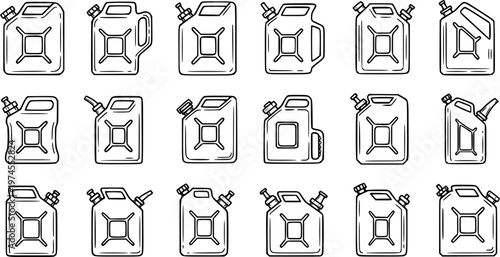 Automotive Gas Cans Vector Line Art Icons Set. Hand Drawn Fuel Canister Sketch Collection for Energy, Gasoline, and Transportation.