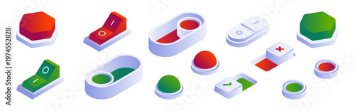 Standard on and off toggle switches. Vector isolated isometric buttons indicating open and closed states. User interface design elements. Electronics, infographics, presentations and websites