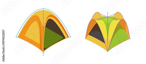 Dome shaped camping tents with rounded structure. Vector isolated isometric arched shelters set for tourism, hiking and recreational travel. Trips, nature exploration and outdoor lifestyle