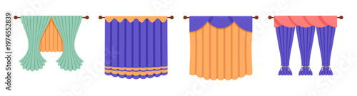 Closed windows with various types of curtains and fabric coverings. Vector drapes, blinds and shades in different styles and materials. Privacy and cozy element of home or office interior design