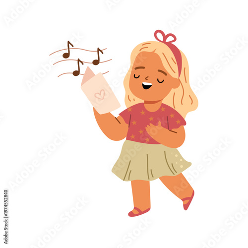 Cute child singing songs from sheet. Vector in flat style, isolated creative hobby of female personage kid. Schoolgirl wearing clothes for performance, rehearsal or learning new notes at lessons