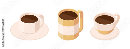 Shots of espresso. Vector isometric set of concentrated coffee beverage with strong and intense flavor. Isolated served small cups with hot robust drink. Coffee served for cafeterias and restaurants