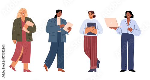 Female personages with papers or reports. Vector in flat style, isolated business character set. Women with paperwork documentation, businessladies wearing formal clothes, positive attitudes