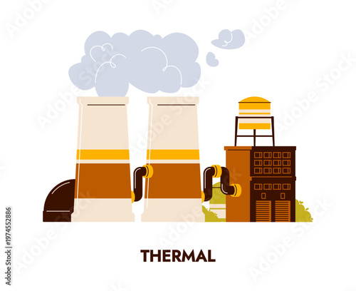 Thermal generation station, cartoon facility for converting heat energy. Vector fossil fuel power plant with cooling towers with steam connected to generator, chimneys and industrial landscape