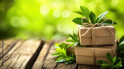 Stacked Eco-Friendly Gift Boxes Adorned with Lush Green Leaves on a Rustic Wooden Surface
