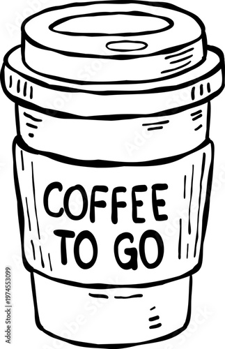 Hand-drawn takeaway coffee cup with lid and “Coffee To Go” label, doodle line art with imperfect, organic lines. Minimalist vector illustration
