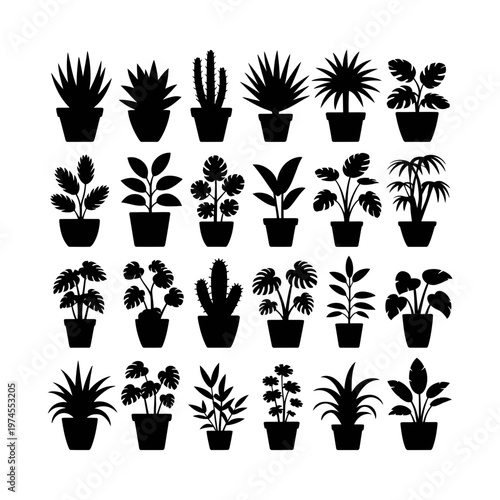 Potted indoor plants silhouette icon set home decor collection