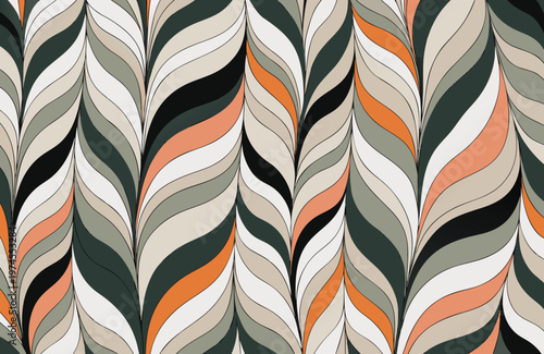Abstract vertical wavy line pattern in orange green and beige organic design