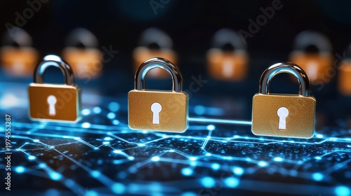 Golden padlocks symbolizing network security and encrypted digital pathways on a glowing blue circuit board