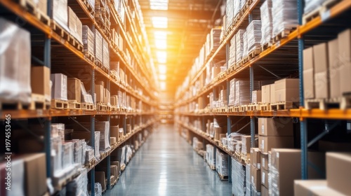 Vast Rows of Surplus Goods in a Large Warehouse Storage Facility Showcasing Overproduction and Consumerism