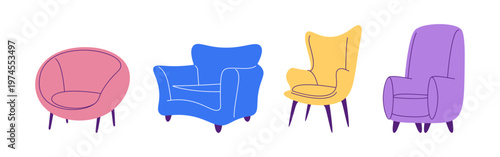Cartoon chairs set with wooden legs. Vector isolated soft armchairs collection for home interiors, cafes and offices. Cozy seating furniture. Decoration catalogs and indoor space design